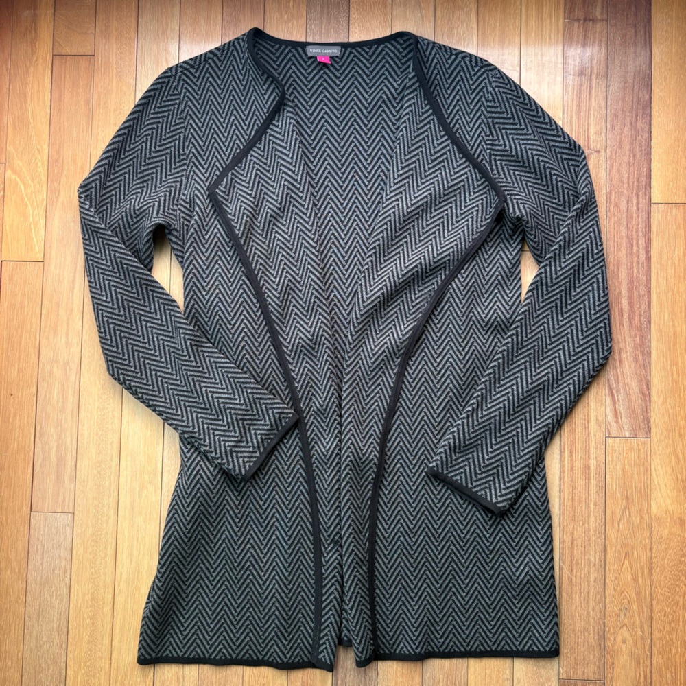 Vince Camuto Black & Grey Chevron Knit Duster Cardigan Long Open Front Sweater
